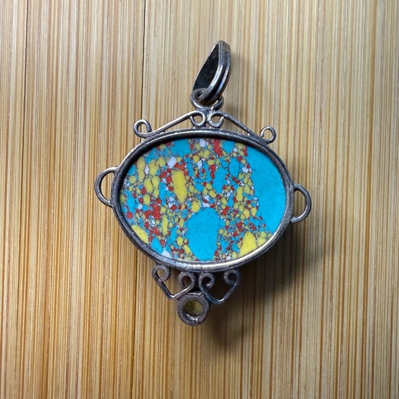 Vintage Silver Multicolored Speckled Sone Necklace Pendant - Picture 3 of 9